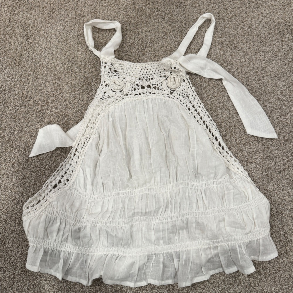 Free People White Crochet Rosette Smocked Gauze Halter Top XL Boho Festival